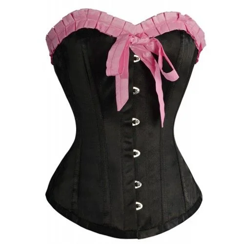 Albertina Black Satin Overbust Corset With Pink Frill