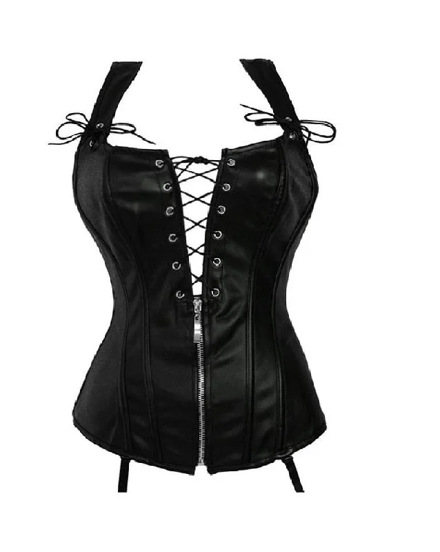 Black Faux Leather Zipper And Lacing Overbust Plus Size Corset Waist Training