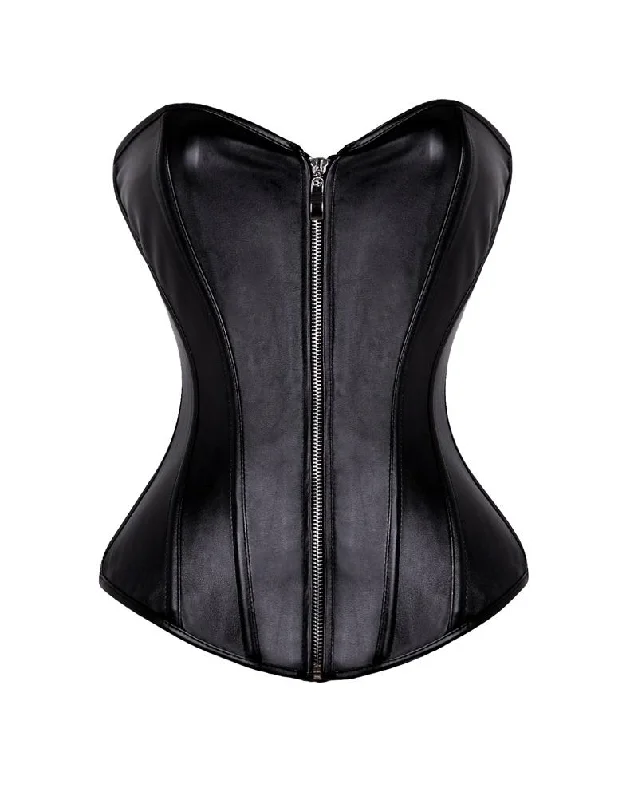 Black Leather Zipper Overbust Plus Size Corset Waist Training Steampunk Costume