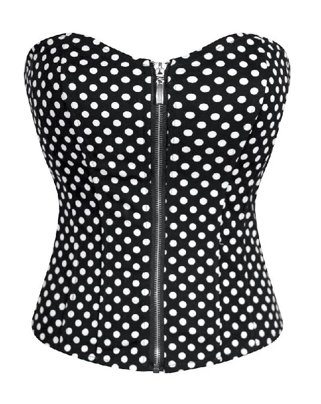 Black And White Polka Dot Satin Zipper Goth Overbust Plus Size Corset Waist Training Burlesque Costume