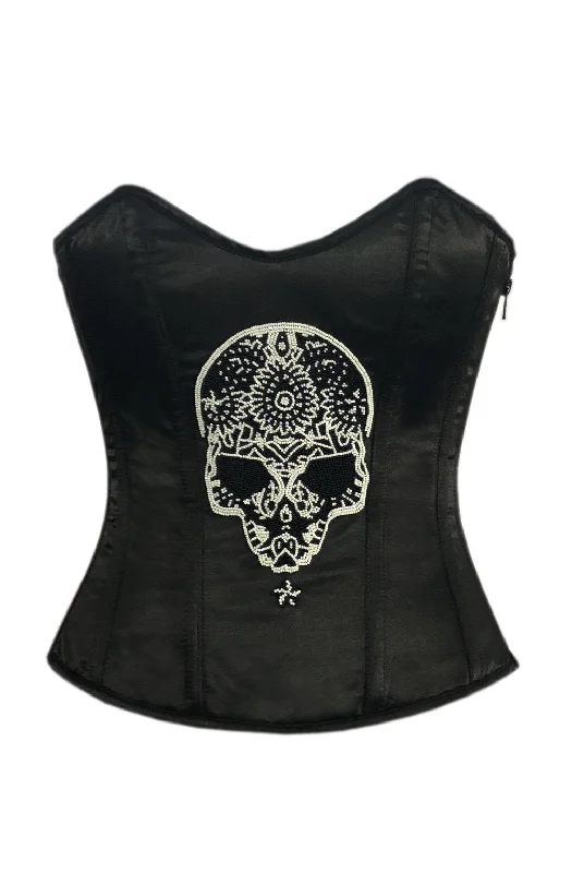 Black Satin Plus Size Corset Zipper Handmade Sequins Skull Overbust Bustier Waist Training Top