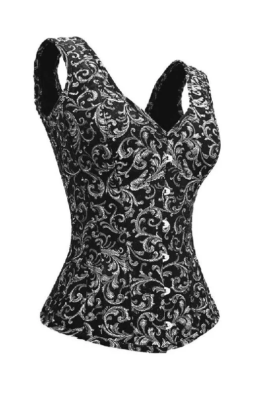 Black Silver Brocade Shoulder Strap Plus Size Overbust Corset Waist Training