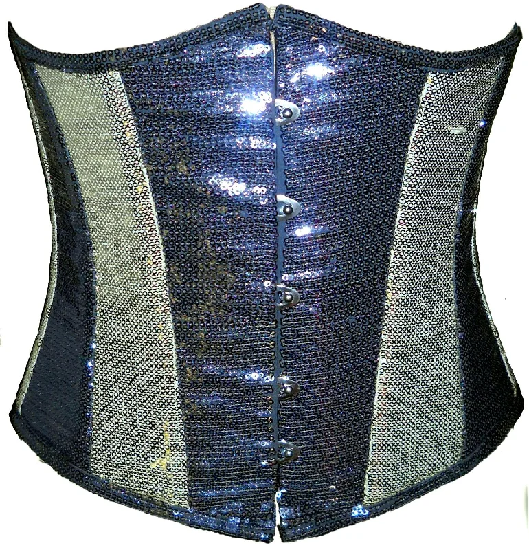 Black Silver Georgette Sequins Underbust Plus Size Corset Waist Training Bustier Top