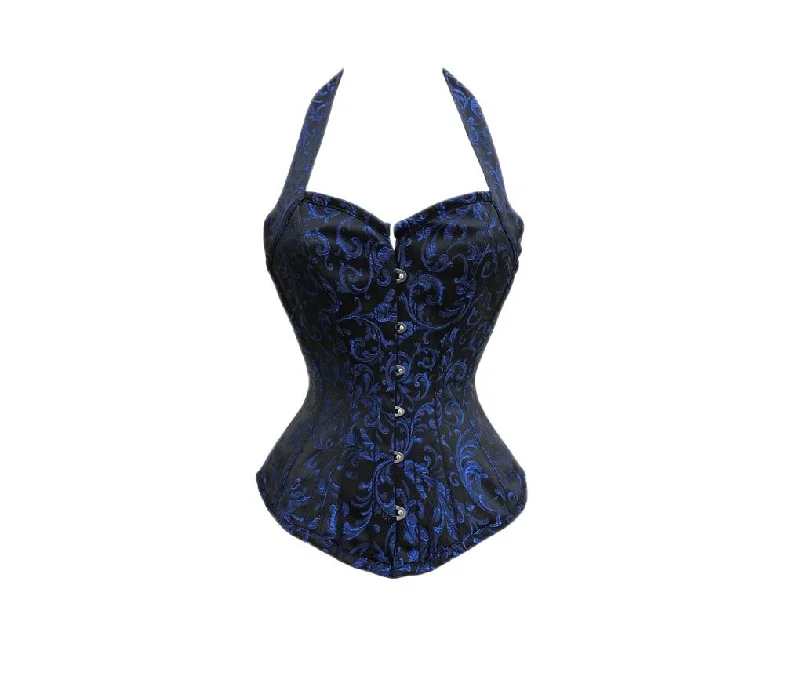 Blue Black Brocade Halter Neck Plus Size Overbust Corset Waist Training