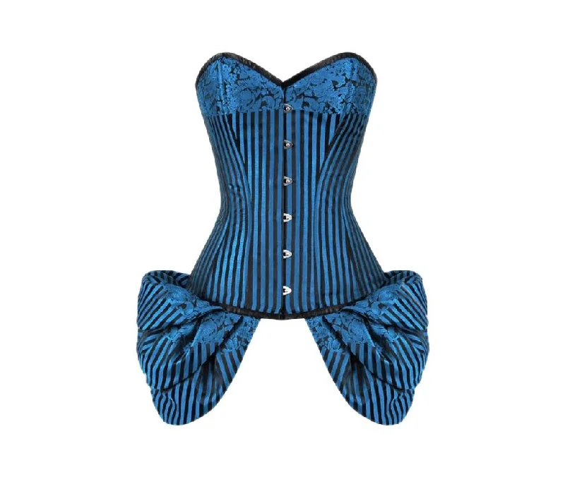 Blue Black Brocade Side Flounce Burlesque Plus Size Overbust Corset Waist Training