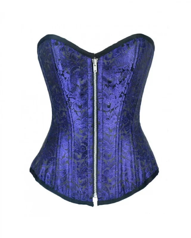 Blue Brocade Double Bone Plus Size Overbust Corset Waist Training Gothic Costume