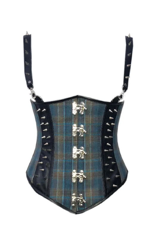 Blue Corset Checkered Cotton Black Leather Straps Plus Size Corset Gothic Steampunk Costume Waist Training Underbust Bustier Top