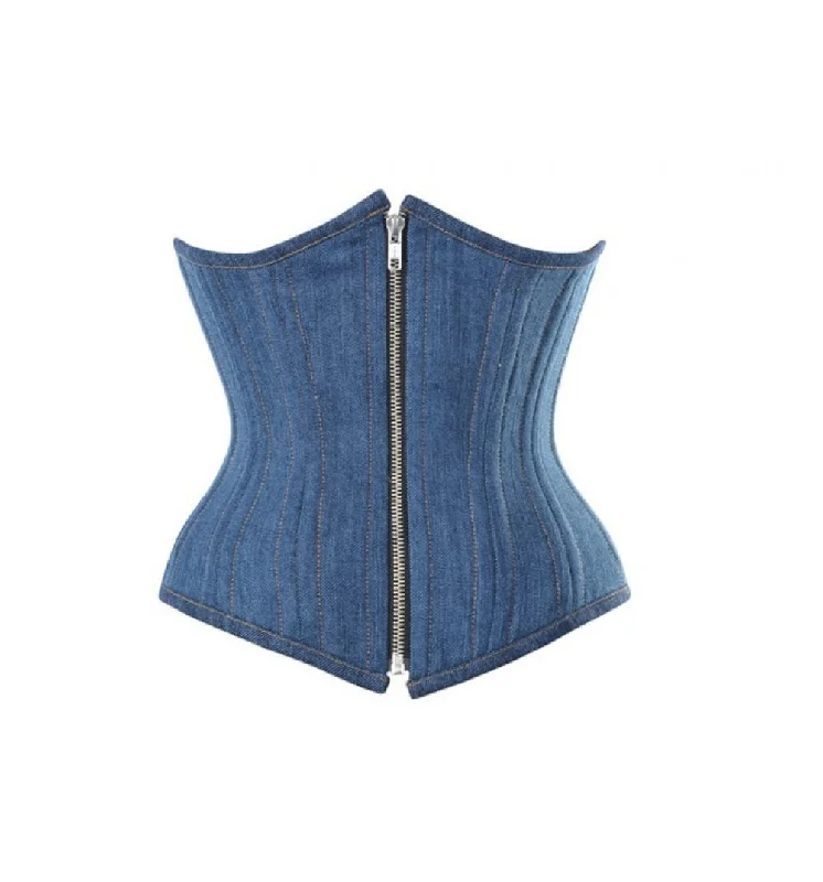 Blue Denim Zipper Double Bone Plus Size Underbust Corset Waist Training