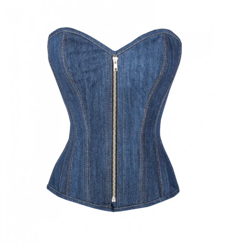 Blue Denim Zipper Double Bone Gothic Overbust Plus Size Corset Waist Training Steampunk Costume