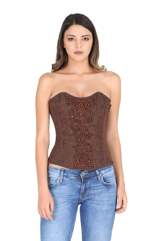 Brown Brocade Wood Beads Work Zipper Plus Size Corset Waist Training Gothic Costume Overbust Bustier Top