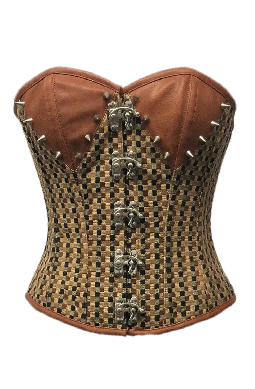 Brown Checkered Print Spikes Gothic Overbust Plus Size Corset Steampunk Costume Waist Training Top