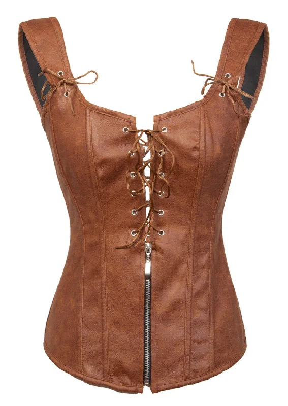 Brown Faux Leather Zipper N Lacing Overbust Plus Size Corset Gothic Costume