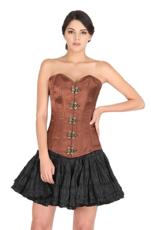 Brown Satin Front Seal Lock Gothic Overbust Plus Size Corset Waist Training LONG Top Burlesque Costume