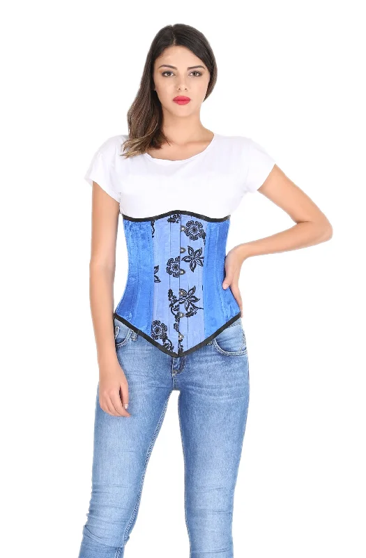 Blue Satin Tissue Flocking LONG Underbust Plus Size Corset Top Waist Training  Burlesque Costume