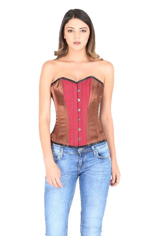 Brown Satin Red Lining Cotton Gothic Plus Size Overbust Corset Waist Cincher Burlesque Costume