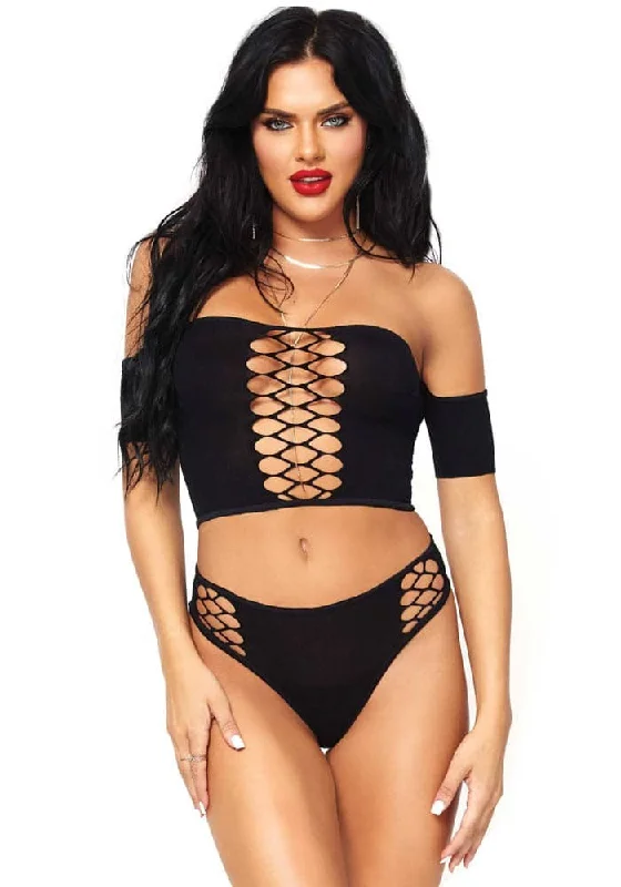 Black Opaque Crop Top & Thong Set - Stylish Corset & Tanga Lingerie O/S