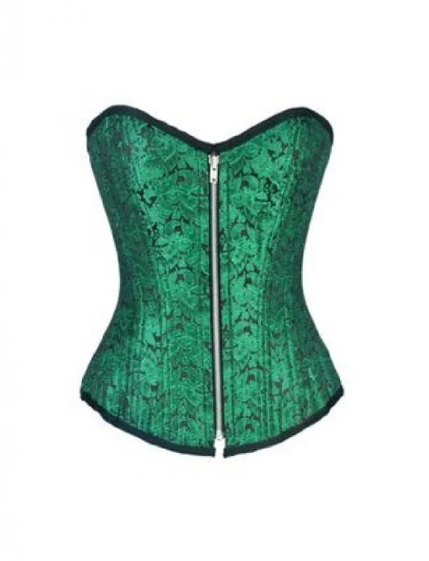 Green Brocade Zipper Double Bone Plus Size Burlesque Overbust Corset Waist Training