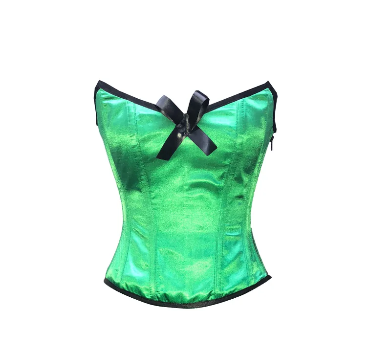 Green Satin Zipper Plus Size Overbust Corset with Black Bow Burlesque Costume Waist Training Bustier Top