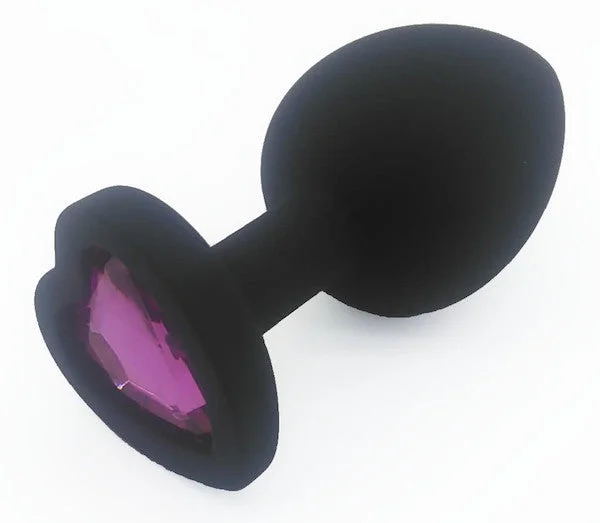 Heart Shaped Black Silicone Butt Plug with Gem Large - Pink