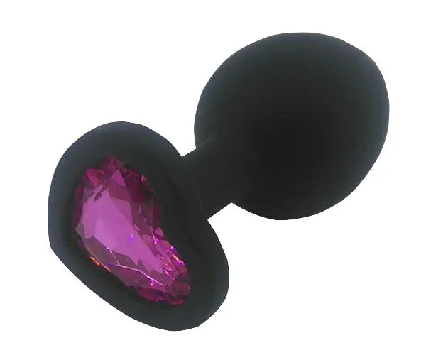 Heart Shaped Black Silicone Butt Plug with Gem Medium - Pink