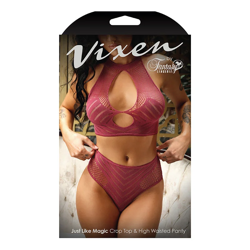 Vixen Just Like Magic 2-Piece Net Crop Top & High-Waisted Panty Cranberry L/XL