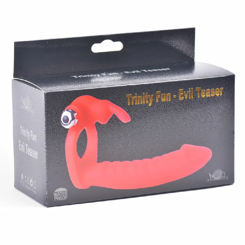 Trinity Silicone Vibrating Rabbit Cock Ring Dual Penetration Dildo Sex Toy Red